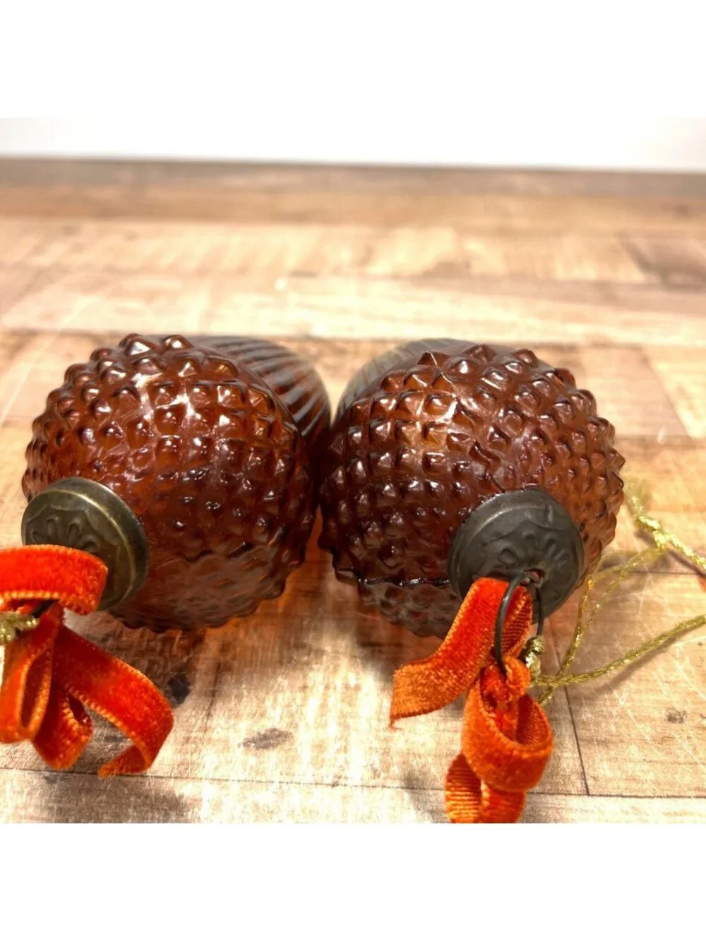 Vintage Brown Glass Acorn Ornament Set With Textured Detailing Rustic Fall Décor